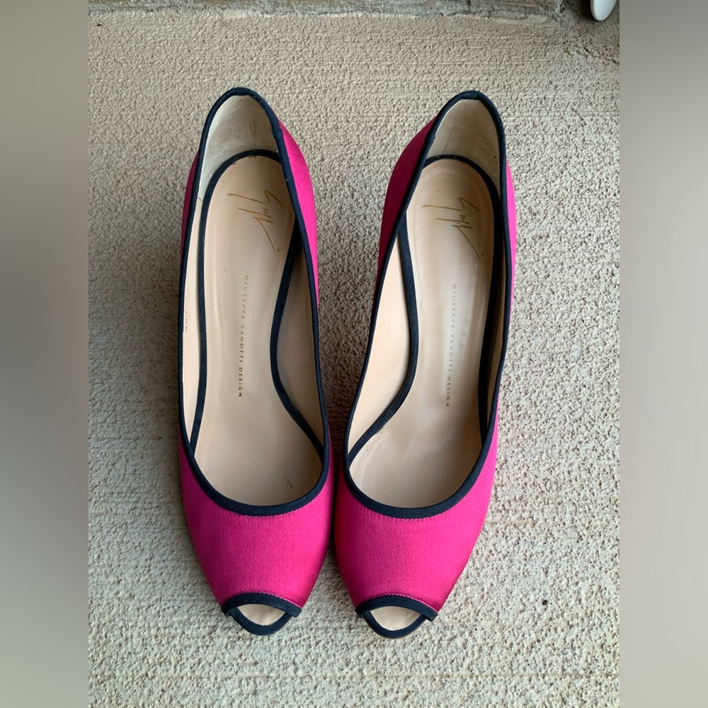 GIUSEPPE ZANOTTI Pink Black Satin Women's Peep Toe Pumps Heels Size 10 - Picture 7 of 15